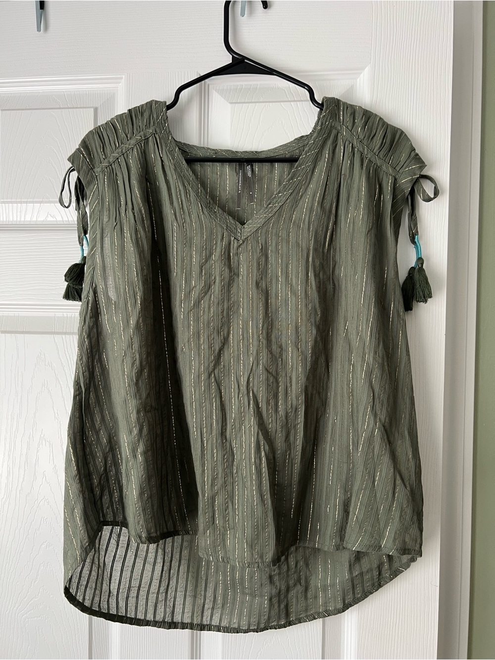 Anthropologie Olive Green V-Neck Tassel Sleeve Womens Top